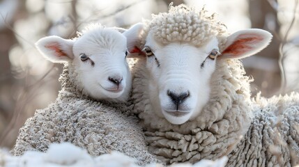 Obraz premium A mother sheep and her lamb, both with pure white wool, cuddle together in the barnyard on Easter morning.