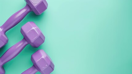 Women s purple dumbbells on teal background with space for text