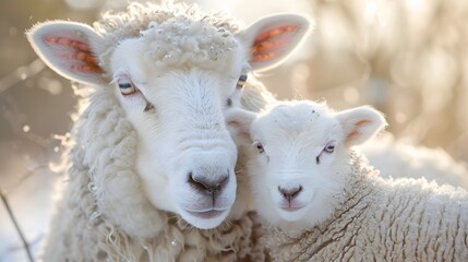 Obraz premium A mother sheep and her lamb, both with pure white wool, cuddle together in the barnyard on Easter morning.