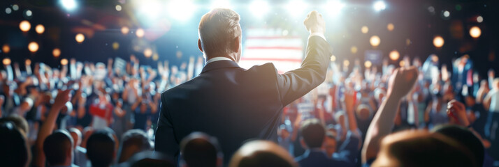 Politician election in USA, policy statement, President with many cheering people
