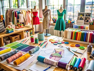 Naklejka premium Colorful fabrics, threads, and design tools clutter a studio desk, surrounded by inspirational fashion sketches and half-finished designs, telling a story of creative process and artistry.