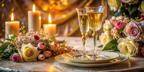 Golden champagne flute and delicate china plate sit atop a lavish silk tablecloth, surrounded by soft candlelight and a blooming floral centerpiece.