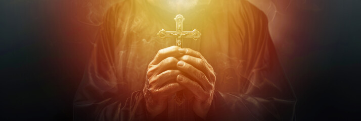 Christian priest hands holding cross while praying, Jesus Christ, praying to God, heaven and salvation, faith and love, easter, New Testament, Biblical theme concept.