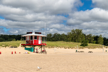 Lifeguard tower on a beach in Michigan City, Indiana USA 