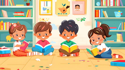 Children in a classroom are quietly engrossed in reading books, creating a serene and studious atmosphere. Seated at their desks or on a cozy reading rug, each child holds a book that captures their.