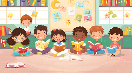 Children in a classroom are quietly engrossed in reading books, creating a serene and studious atmosphere. Seated at their desks or on a cozy reading rug, each child holds a book that captures their.