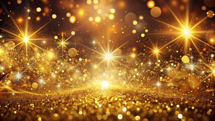 Vibrant golden particles and sprinkles swirl amidst shimmering lights, creating a festive and luxurious holiday wallpaper background perfect for ads, gifts, and web design.