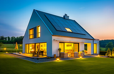 Solar panels modern detached house during twilight with interior and exterior lights creating warm and inviting atmosphere. Solar panels on the roof indicate sustainable energy.