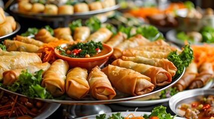 A platter of traditional Chinese spring rolls, egg rolls and samosas with various flavors like sweet & sour or peanut sauce for garnish.