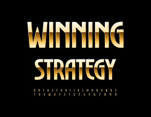 Vector golden logo Winning Strategy. Modern Chic Font. Luxury Alphabet Letters and Numbers set.