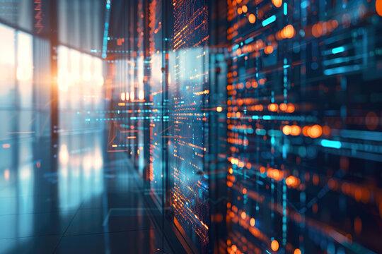 A modern data center filled with servers illuminated by orange and blue lights, capturing the essence of technology and digitization in a sleek environment.