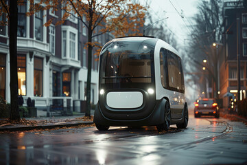 An autonomous vehicle drives through a rainy city street in the evening, highlighting advancements in autonomous technology and urban transportation.