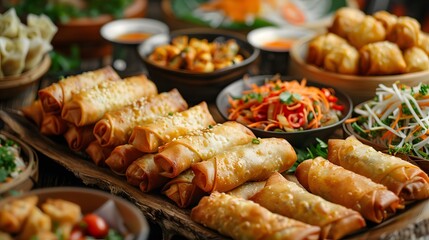 A platter of traditional Chinese spring rolls, egg rolls and samosas with various flavors like sweet & sour or peanut sauce for garnish.