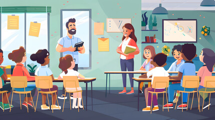 parent-teacher meeting is in progress, fostering a collaborative discussion about the student's progress and development.Parents sit across from the teacher in well-lit classroom,attentively listening