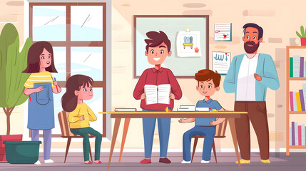 parent-teacher meeting is in progress, fostering a collaborative discussion about the student's progress and development.Parents sit across from the teacher in well-lit classroom,attentively listening