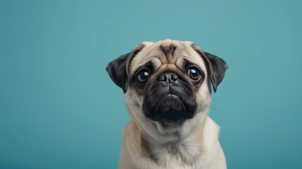 Obraz premium Sad pug dog on blue background looks up sadly