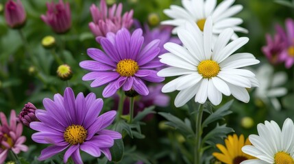 Fototapeta premium White and purple flowers of the Daisy Chrysanthemum plant from the Asteraceae family Italy Europe