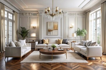 Sophisticated living room features a crisp white canvas backdrop, sleek minimalist furniture, and elegant accents, exuding refined Parisian chic and understated luxury in a serene atmosphere.