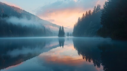 A serene mountain lake at dawn, with mist hovering over the water's surface, surrounded by towering pines. a natural landscape, the mountain meets the stillness of the lake.