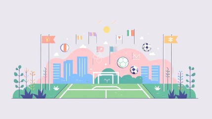 Global sports field, flags and silver awards, flat design illustration