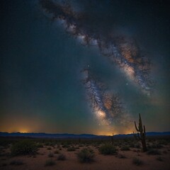 A desert landscape under a clear, starry night sky with a prominent Milky Way.