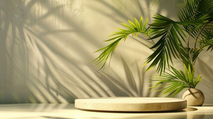Fototapeta premium Tropical podium with palm leaf in sunlight for products display
