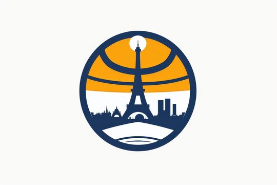 Circular logo featuring the Eiffel Tower with a basketball theme and Paris skyline in navy blue, orange, and white.