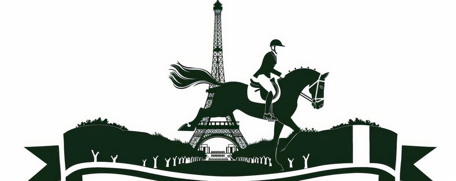 Silhouette of horse riding with Eiffel Tower in the background. Graphic image for equestrian and Paris-themed designs.
