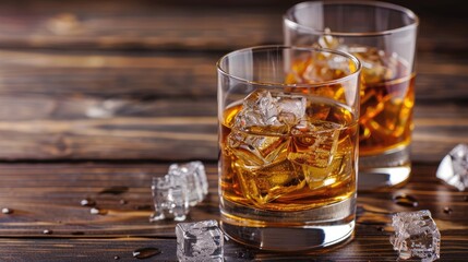Scotch served in two glasses with ice on a dark wooden background