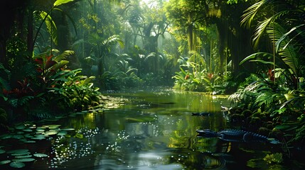 A serene scene of the Amazon Rainforest with lush greenery and flowing rivers, showcasing its rich wildlife. The sunlight filters through dense foliage creating dappled light.