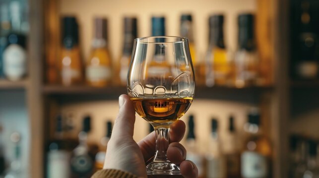 Close up shot of a person's hands holding a glass of whiskey, with a selection of bottles in the background