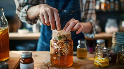 Close up shot of a person's hands adding ingredients to a kombucha jar, with a SCOBY and bottles in the background