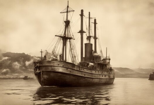 antique lexikon illustration ship 1908 konversations petroleum brockhaus boat from old steamship water engine marin building electric etch