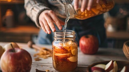 Close up shot of a person's hands filling a fermentation jar with apple cider ingredients