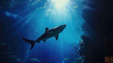 Obraz premium Shark silhouette swimming up aquarium tank