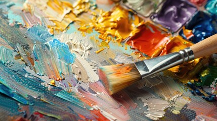 Fototapeta premium Painting supplies palette brush sponge and color bottle