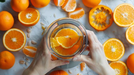 Close up shot of a person's hands pressing oranges on a manual juicer, with freshly squeezed juice in a glass background