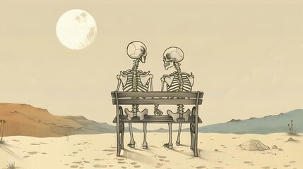 Two Skeletal Figures Sitting in Surreal Desert Landscape Under Moonlight