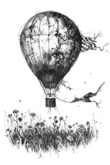 A black and white sketch of a weathered hot air balloon with a tattered flag