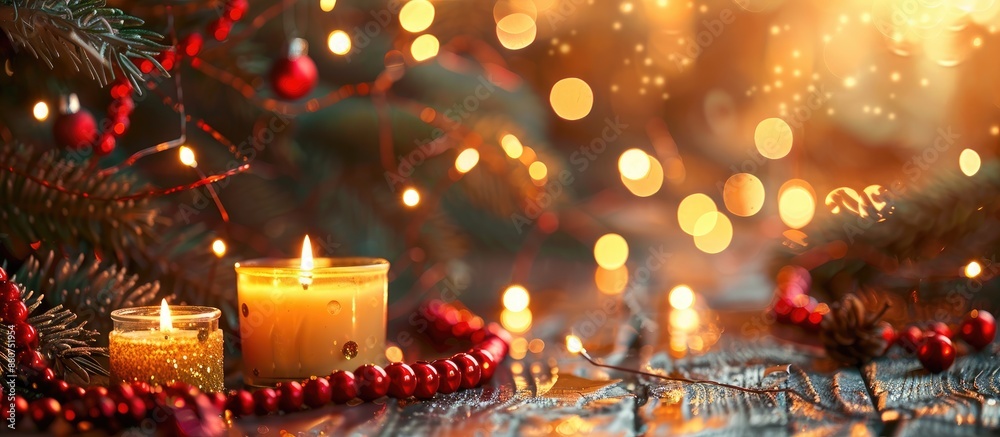 Leinwandbilder Beautiful Christmas background with two small round candles displayed on a wooden surface with a background of tree branches red beads and garlands ideal for a festive card with copy space image