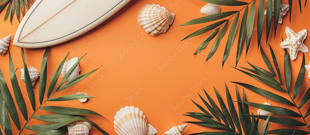Aufkleber summer concept featuring a surfboard palm leaves and seashells on an orange backdrop perfect for cop