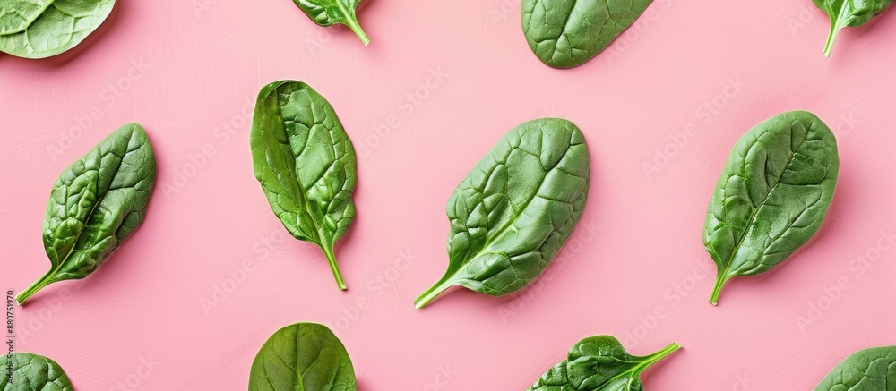 Poster green spinach leaves on a pink background in a flat lay top view offering a creative food concept wi
