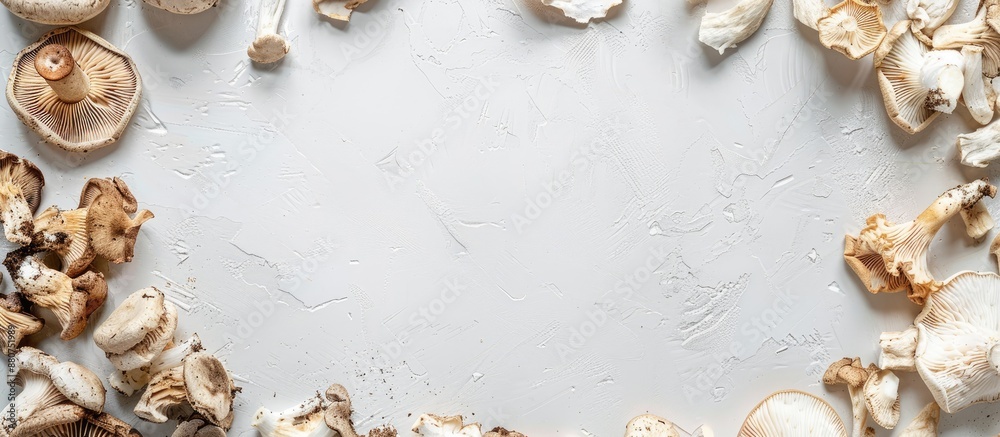 Aufkleber Empty table covered with a variety of dried mushrooms like porcini aspen and boletus on a white surface with clear space for text or images. copy space available