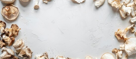 Obraz premium Empty table covered with a variety of dried mushrooms like porcini aspen and boletus on a white surface with clear space for text or images. copy space available