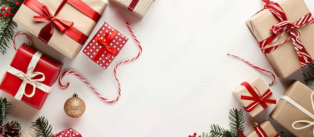 Poster festive christmas gift boxes arranged neatly on white backdrop with copy space image