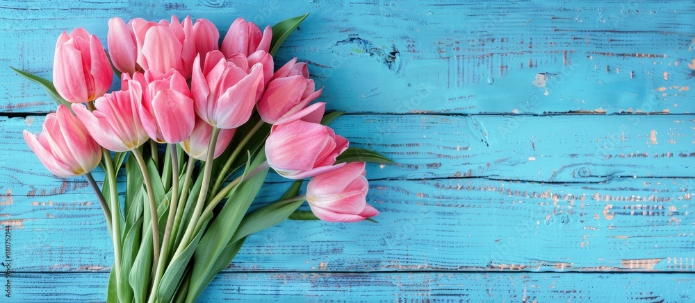 Aufkleber top view of pink tulip bouquet on blue wooden backdrop with selective focus ideal for copy space ima