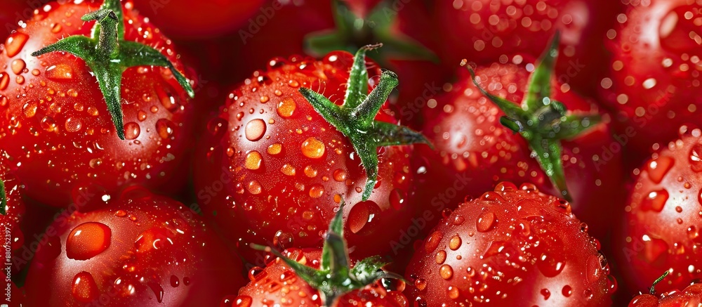 Poster close up image of fresh red cherry tomatoes with water droplets featuring ample copy space
