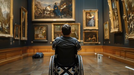 Accessible Art Appreciation: Person in Wheelchair Engaging with Exhibits at Museum