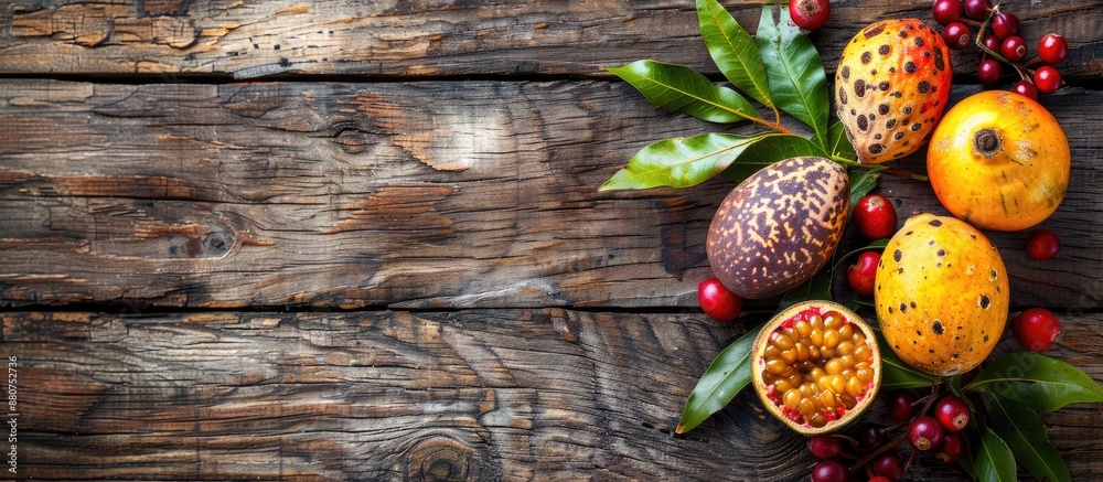 Poster fresh granadilla and tamarind fruits on a wooden background top view with copy space image available