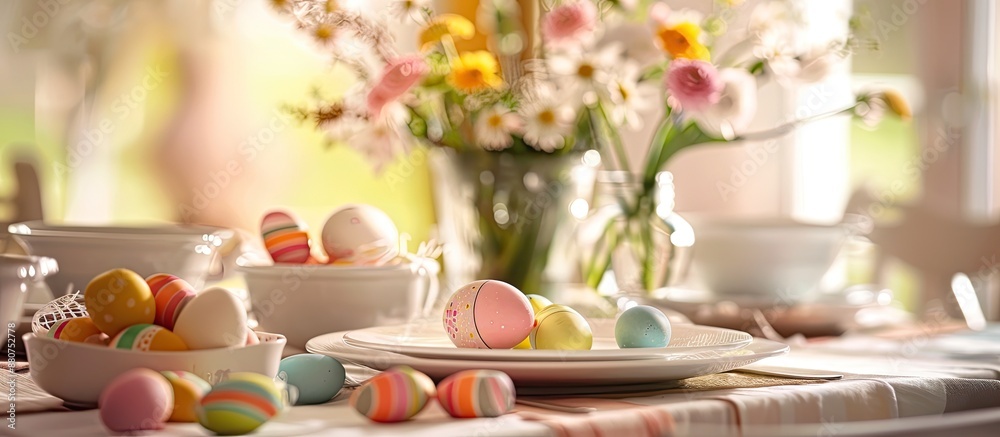 Poster easter table setting with dinner decorations against an easter themed copy space image